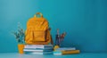 Yellow Backpack on Books on Blue Background Royalty Free Stock Photo
