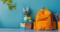 Yellow Backpack on Books on Blue Background Royalty Free Stock Photo