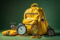A yellow backpack containing a clock and various items, Yellow backpack with an alarm clock and school equipment, AI Generated Royalty Free Stock Photo