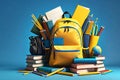 Yellow backpack overflowing with various books, pencils, and school accessories set against a vibrant background Royalty Free Stock Photo