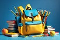 Yellow backpack overflowing with various books, pencils, and school accessories set against a vibrant background Royalty Free Stock Photo