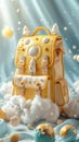 A yellow backpack with a rocket design sits on a fluffy cloud against a blue background. Back to school Royalty Free Stock Photo