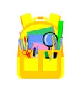 Yellow backpack with school stationery on a white background. Back to school concept. Flat vector illustration Royalty Free Stock Photo