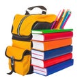 Yellow backpack with stack of colorful books and pencils isolate Royalty Free Stock Photo