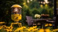 Yellow Backyard Lamp With Sunflowers: A Dieselpunk Adventure In Danish Design Royalty Free Stock Photo