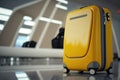 Yellow bag on airport floor. Departure awaits, journey begins. Luggage loaded onto transport, ready for travel.