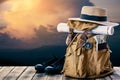 Yellow bag for backpack and nature background Royalty Free Stock Photo