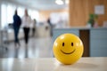 Yellow ball with happy smiling face with blurry office in background. Concept for happines at work