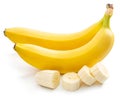 Yellow bananas  and banana slices. Objects are isolated on white background Royalty Free Stock Photo