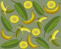 Yellow bananas and leaves on a gray background. Vector pattern