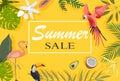 yellow banner with the inscription, summer sale, with tropical birds, plants and fruits Royalty Free Stock Photo