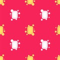 Yellow Bar of soap icon isolated seamless pattern on red background. Soap bar with bubbles. Vector Illustration. Royalty Free Stock Photo