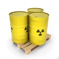Yellow barrels with radioactive materials on the pallet