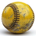 A yellow baseball sits serenely on a white background, contrasting with its vibrant color.