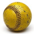 A yellow baseball sits serenely on a white background, contrasting with its vibrant color.