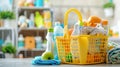 Yellow Basket Filled With Cleaning Supplies on Table