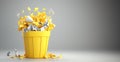Yellow basket full of crumpled yellow paper, isolated on grey background
