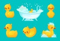 Yellow bath duck. Bathroom tub with foam, relaxing bathing and spa rubber ducks cartoon vector illustration Royalty Free Stock Photo