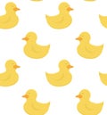 Yellow bath duck pattern background. Cute animal kids toy for water game Royalty Free Stock Photo
