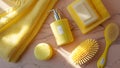 Flat Lay of Yellow Bath Accessories on a Marble Background Royalty Free Stock Photo