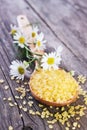 Yellow bath salt on wooden spoon Royalty Free Stock Photo