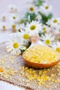 Yellow bath salt on wooden spoon, shallow focus Royalty Free Stock Photo