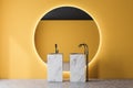 Yellow bathroom interior with marble double sink Royalty Free Stock Photo