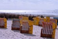 Yellow beach chairs on a sandy beach