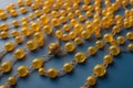 Yellow beads on a blue background. Place for text. Close-up. generative ai