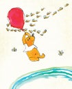Yellow bear in a white T-shirt is flying on a red balloon. Around the bear flies a flock of striped bees