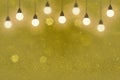 yellow wonderful sparkling glitter lights defocused bokeh abstract background with light bulbs and falling snow flakes fly, Royalty Free Stock Photo