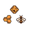 Yellow bee vector icon, bee hive and honeycomb isolated on white background. Beekeeping and honey production concept