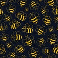 Yellow bees, illustration abstraction over dark gray background, cute happy bee, seamless pattern