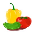 Yellow bell peppers and red tomatoes with green cucumber in watercolor style Royalty Free Stock Photo