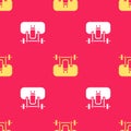 Yellow Bench with barbel icon isolated seamless pattern on red background. Gym equipment. Bodybuilding, powerlifting Royalty Free Stock Photo