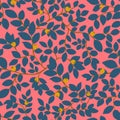 Yellow berries with blue leaves on pink background. Seamless pattern