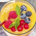 Yellow berry smoothie with raspberries, blueberries and cranberries close-up. Sweet summer dessert Royalty Free Stock Photo