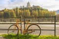 Yellow bicycle along the river in Turin Piedmont, Italy