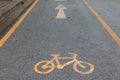 Yellow bicycle sign on asphalt bike lane. Royalty Free Stock Photo