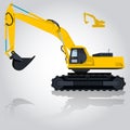 Yellow big digger builds roads. Digging of sand, coal, waste rock and gravel.