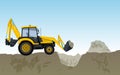 Yellow big digger builds roads excavating of hole, ground works. Construction machinery and ground works. Royalty Free Stock Photo