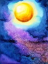 Yellow big full moon on dark blue night sky watercolor painting Royalty Free Stock Photo
