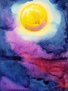 Yellow big full moon on dark blue night sky watercolor painting Royalty Free Stock Photo