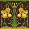 Yellow big irises and green reeds decorative border pattern on dark brown background. Vector illustration.