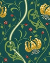 Yellow big lily seamless pattern on green background. Vector illustration.