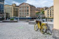 Yellow bike in the industrial landscape of Norrkoping, Sweden Royalty Free Stock Photo