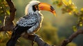 Yellow-billed Hornbill on Branch - AI Generated