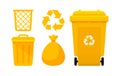 Yellow Bin Collection, Recycle Bin and Yellow Plastic Bags Waste isolated on white, Bins Yellow with Recycle Waste Symbol, Front