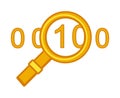 Yellow binary search icon. 0 and 1 in magnifying glass.