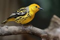 yellow bird with black stripe on its head perched on branch